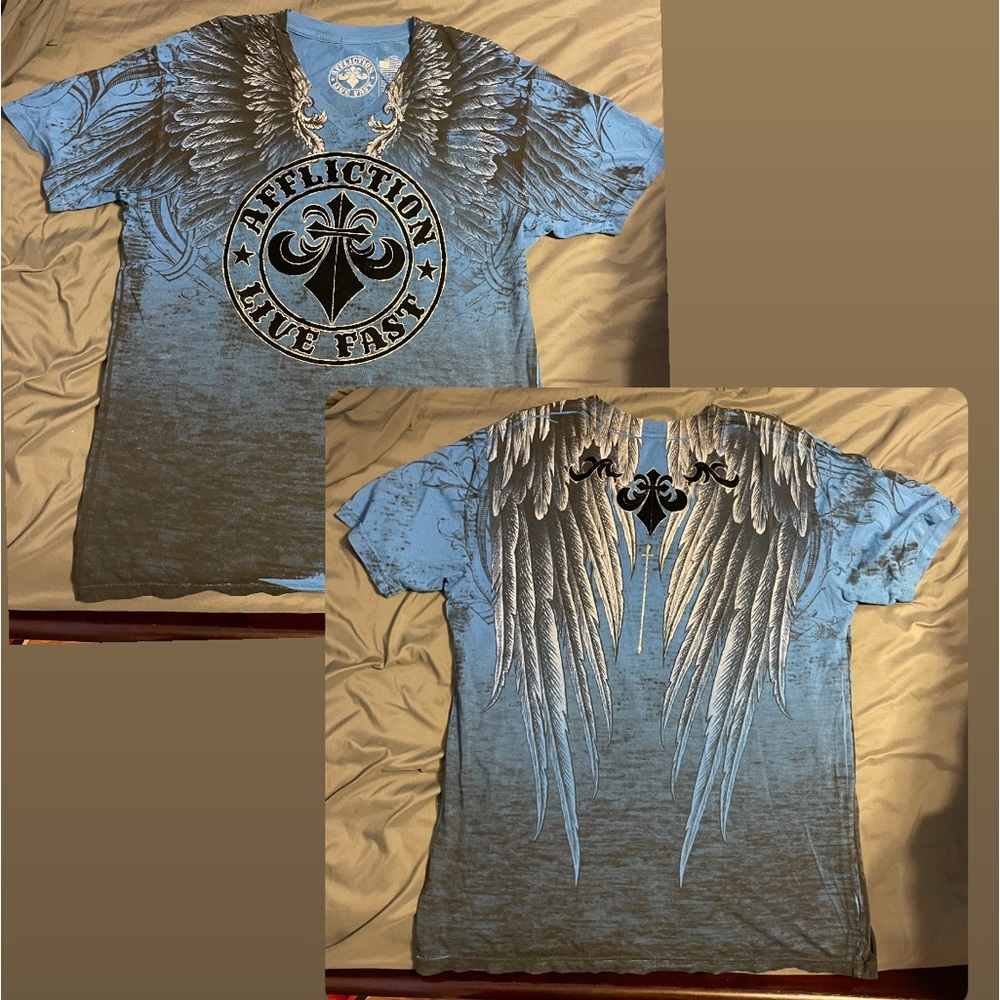 super cool puff print affliction v-neck shirt with wings
